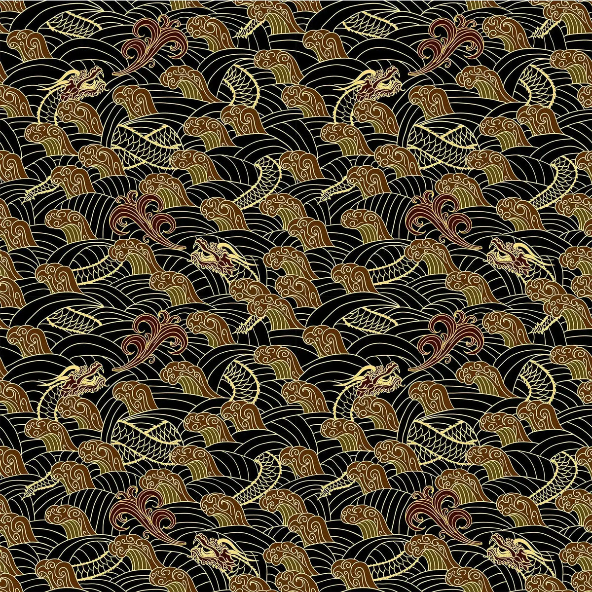 Golden dragon waves wallpaper swatch, repeating dragons among gold and copper stylized waves on black