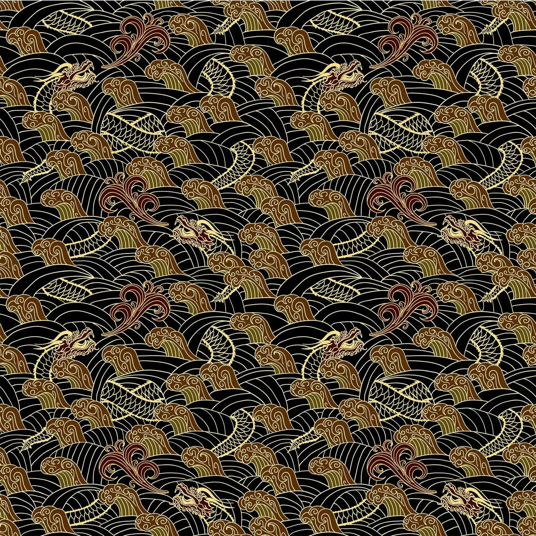 Golden dragon waves wallpaper swatch, repeating dragons among gold and copper stylized waves on black