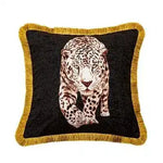 Golden fringe leopard throw pillow cover featuring a striking leopard design on a black background, perfect for adding a touch of elegance to any decor.
