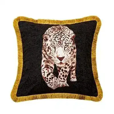 Golden fringe leopard throw pillow cover featuring a striking leopard design on a black background, perfect for adding a touch of elegance to any decor.