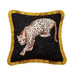 Golden fringe leopard throw pillow cover featuring a leopard design on a black background, perfect for home decor.