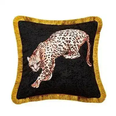 Golden fringe leopard throw pillow cover featuring a leopard design on a black background, perfect for home decor.