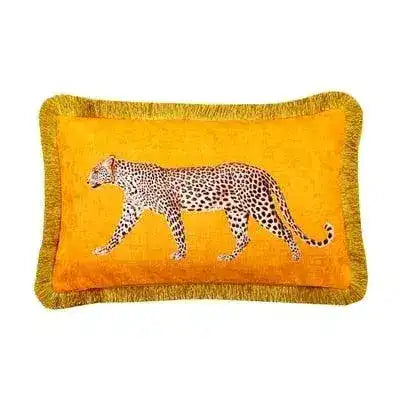 Golden fringe leopard throw pillow cover featuring a vibrant yellow background and a detailed leopard design, perfect for adding a touch of elegance to any room decor.