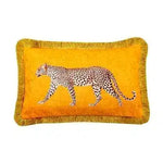 Golden fringe leopard throw pillow cover featuring a vibrant yellow background and a detailed leopard design, perfect for adding a touch of elegance to any room decor.