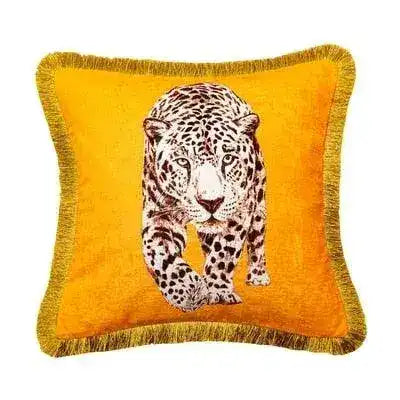 Golden fringe leopard throw pillow cover featuring a striking leopard design on a vibrant orange background, perfect for adding a bold touch to your home decor.