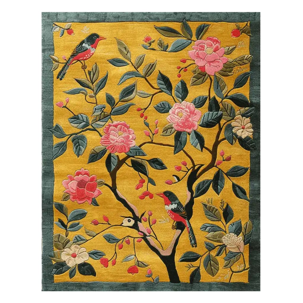This vibrant area rug features a hand-tufted design with an intricate garden bloom pattern. The wool rug showcases colorful birds and blossoms on a rich golden background, perfect for adding a contemporary touch to large living room spaces. Ideal for those seeking elegant rugs for the living room.