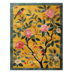 This vibrant area rug features a hand-tufted design with an intricate garden bloom pattern. The wool rug showcases colorful birds and blossoms on a rich golden background, perfect for adding a contemporary touch to large living room spaces. Ideal for those seeking elegant rugs for the living room.