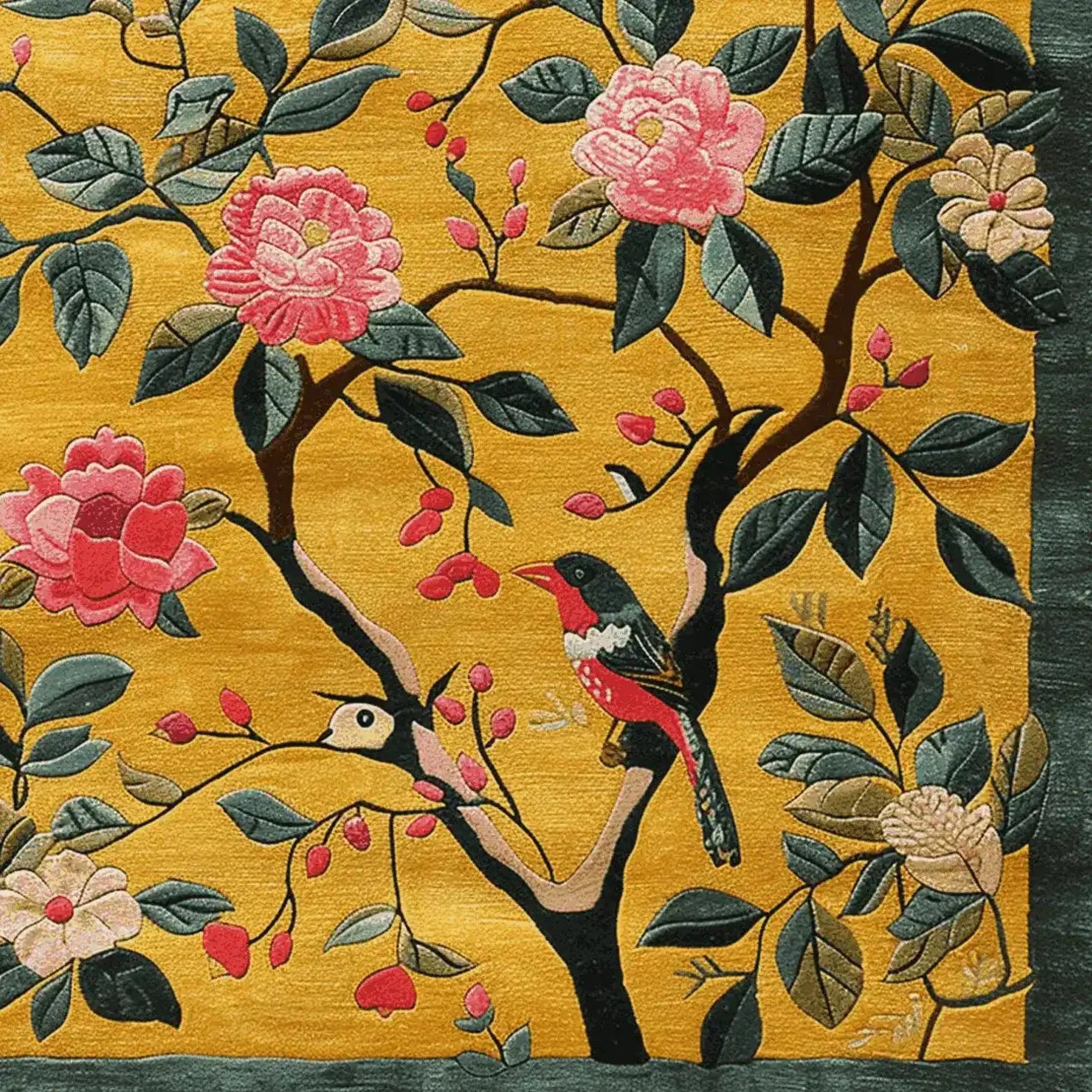 Area rug with a vibrant golden background featuring a hand-tufted wool design. The rug displays an intricate pattern of blooming pink flowers and lush green leaves with a colorful bird perched on a branch, perfect for adding a contemporary touch to large living room spaces.
