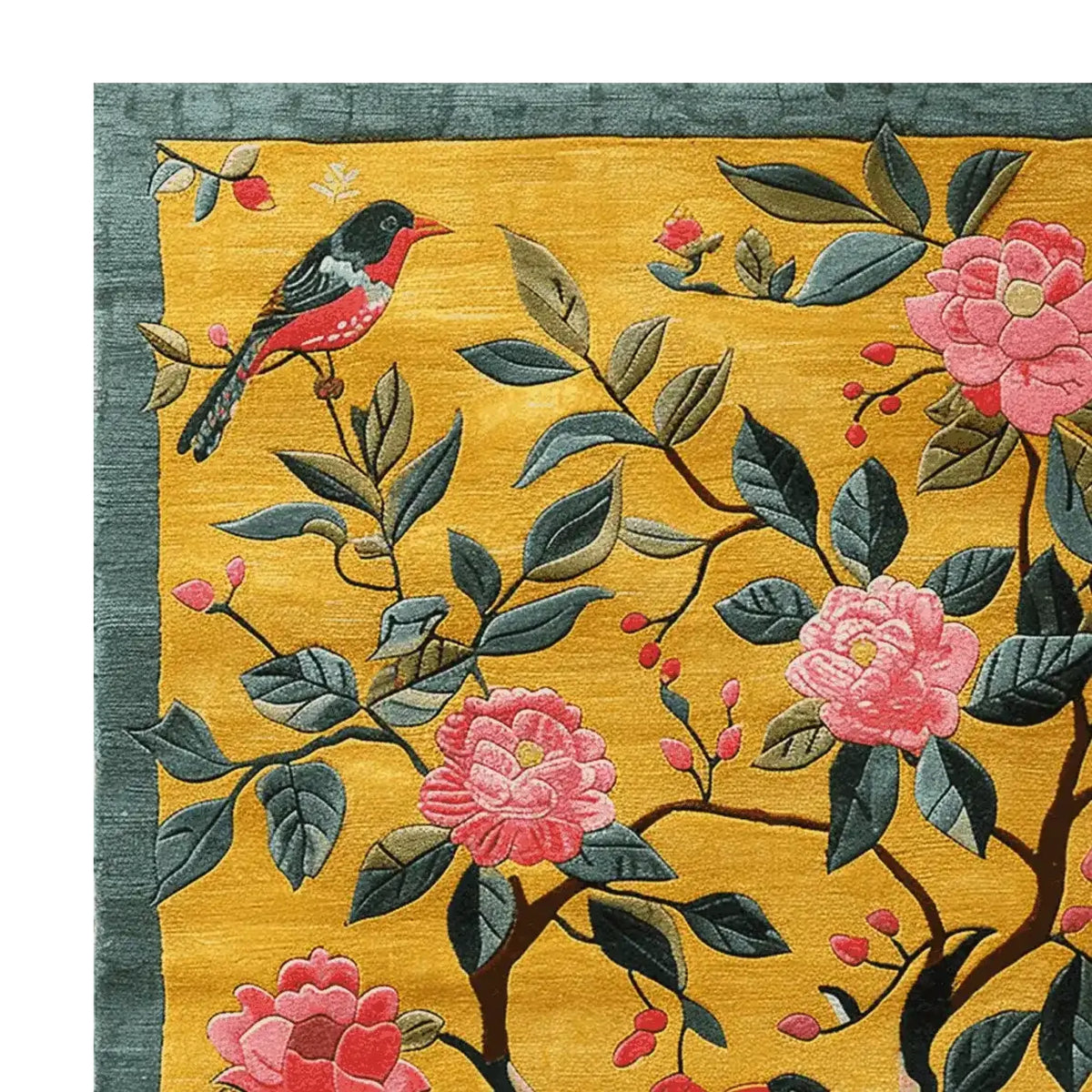 Close-up view of the Golden Garden Bloom Hand Tufted Area Rug showcasing intricate floral and bird patterns on a vibrant yellow background. This wool rug is perfect for large living rooms, adding a touch of contemporary elegance to any space.