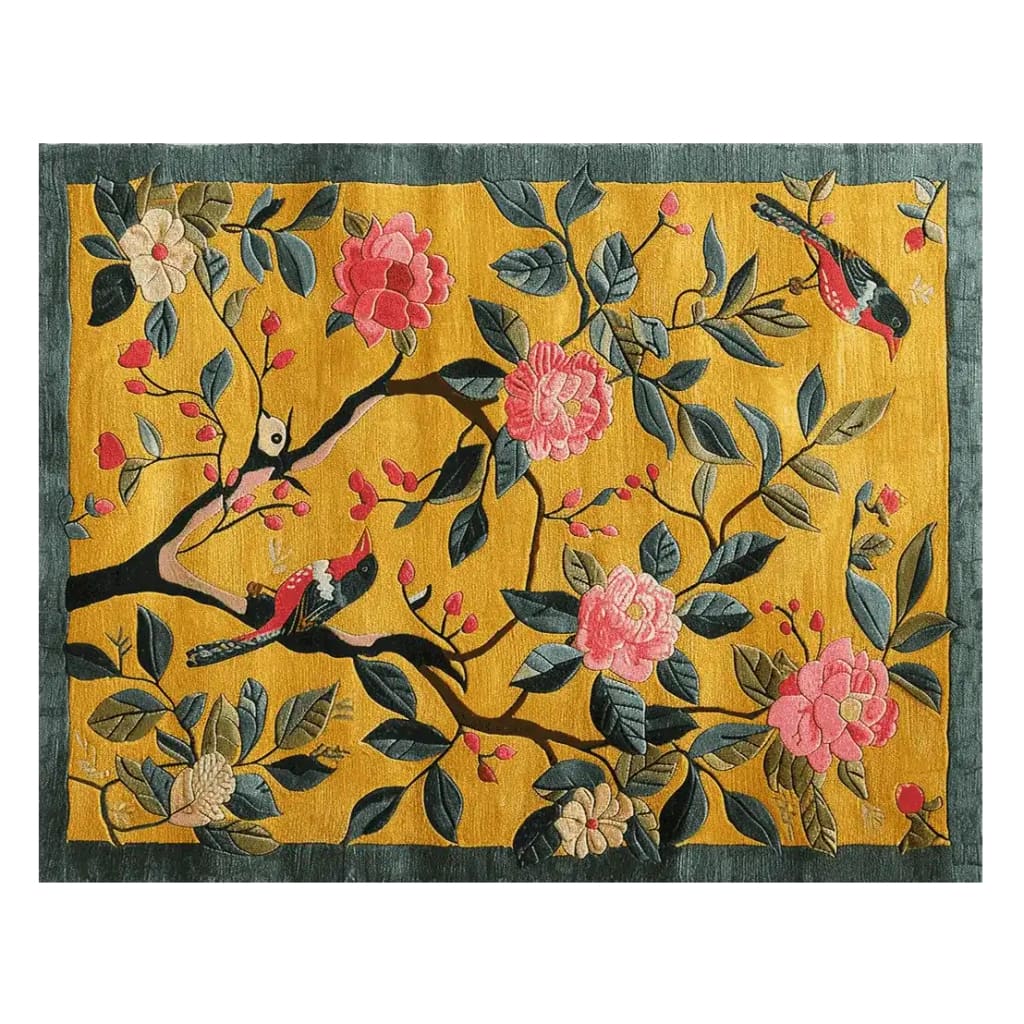 Golden Garden Bloom Hand Tufted Area Rug featuring a vibrant floral design with pink and cream blossoms and green leaves on a rich golden background. This wool rug adds a touch of nature-inspired elegance to any large living room, embodying a contemporary style perfect for rugs in living rooms.