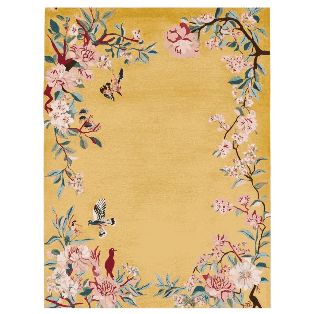 This stunning area rug features a hand-tufted wool design with an intricate floral and bird motif. The vibrant colors of pink, blue, and red against a golden background make it an ideal choice for living room area rugs. Perfect for adding a touch of elegance to any room, this wool rug is both stylish and durable, making it one of the best rugs for living room decor.