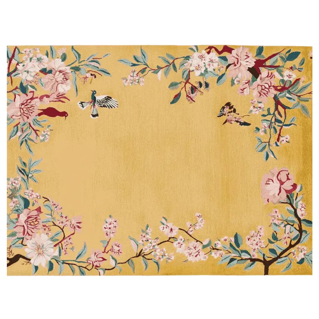 A beautifully intricate area rug showcasing a hand-tufted wool design with a golden background. The rug features vibrant floral patterns with birds, perfect for adding elegance to living room area rugs or as a statement piece among rugs for living room spaces.