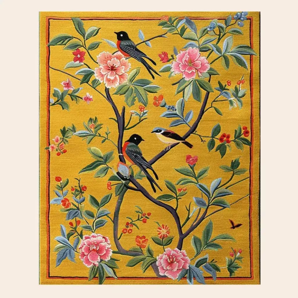 A vibrant area rug with a golden background featuring a stunning floral design and perched birds, perfect for adding elegance to any bedroom. This hand-tufted wool rug brings a touch of nature indoors, making it an ideal choice for those seeking unique bedroom rugs that stand out.