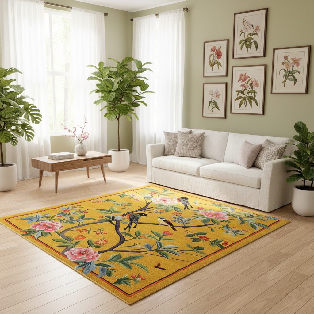 Living room with a yellow floral rug, white sofa, and decorative plants.