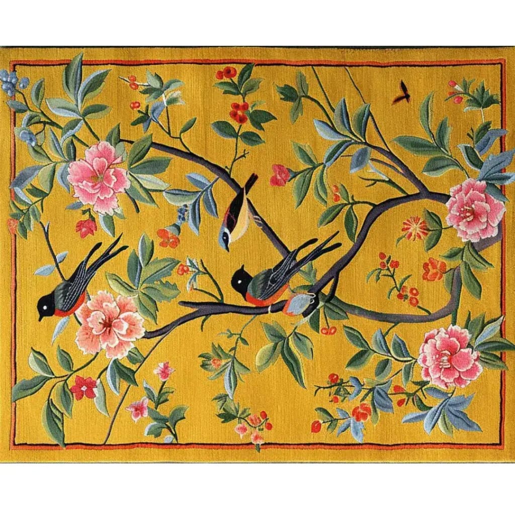 Vibrant Golden Garden Hand Tufted Area Rug featuring a stunning floral design with colorful birds perched on branches. This wool rug is perfect for adding a touch of nature-inspired elegance to your bedroom decor, making it a top choice among bedroom rugs.