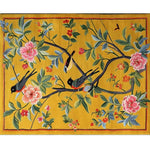Vibrant Golden Garden Hand Tufted Area Rug featuring a stunning floral design with colorful birds perched on branches. This wool rug is perfect for adding a touch of nature-inspired elegance to your bedroom decor, making it a top choice among bedroom rugs.