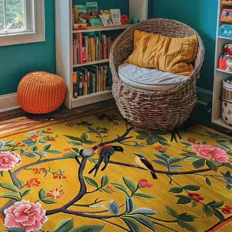 Vibrant Golden Garden Hand Tufted Area Rug in a cozy living room setting, featuring a bold floral design with birds perched on branches. Perfect as a wool rug for dining room or living room area, adding a touch of nature-inspired elegance.