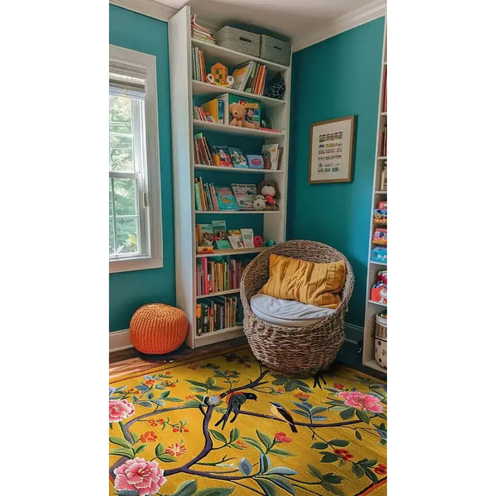 A vibrant Golden Garden hand-tufted floral area rug in a cozy reading nook, surrounded by teal walls and bookshelves. Perfect for dining rooms or living rooms, this wool rug features colorful bird and flower motifs, adding a touch of nature to your space.