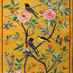 Vibrant Golden Garden hand-tufted area rug featuring a detailed floral design with birds perched on branches. Perfect for adding a touch of nature to your bedroom, this wool rug combines elegance with comfort, making it an ideal choice for bedroom rugs and other spaces needing a stylish floral rug.