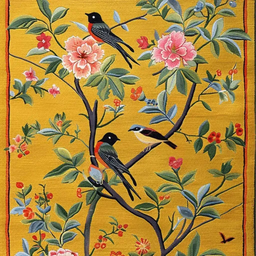 Vibrant Golden Garden hand-tufted area rug featuring a detailed floral design with birds perched on branches. Perfect for adding a touch of nature to your bedroom, this wool rug combines elegance with comfort, making it an ideal choice for bedroom rugs and other spaces needing a stylish floral rug.