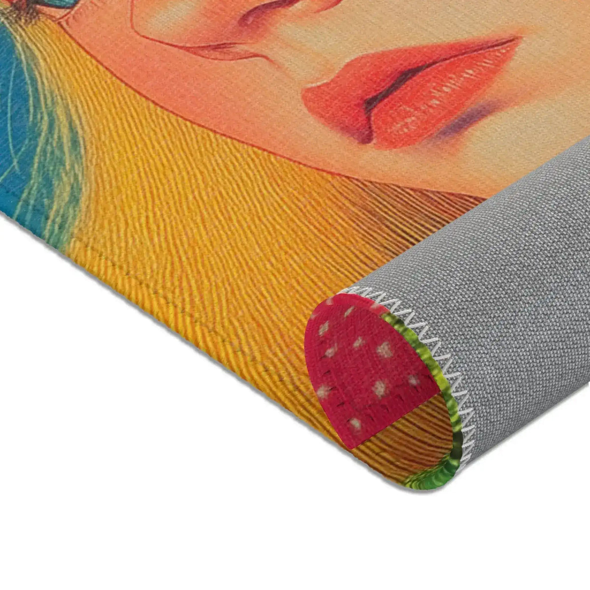 Golden Gaze Surreal Portrait with Fish and Geometric corner curl golden hair blue tones with anti-slip backing