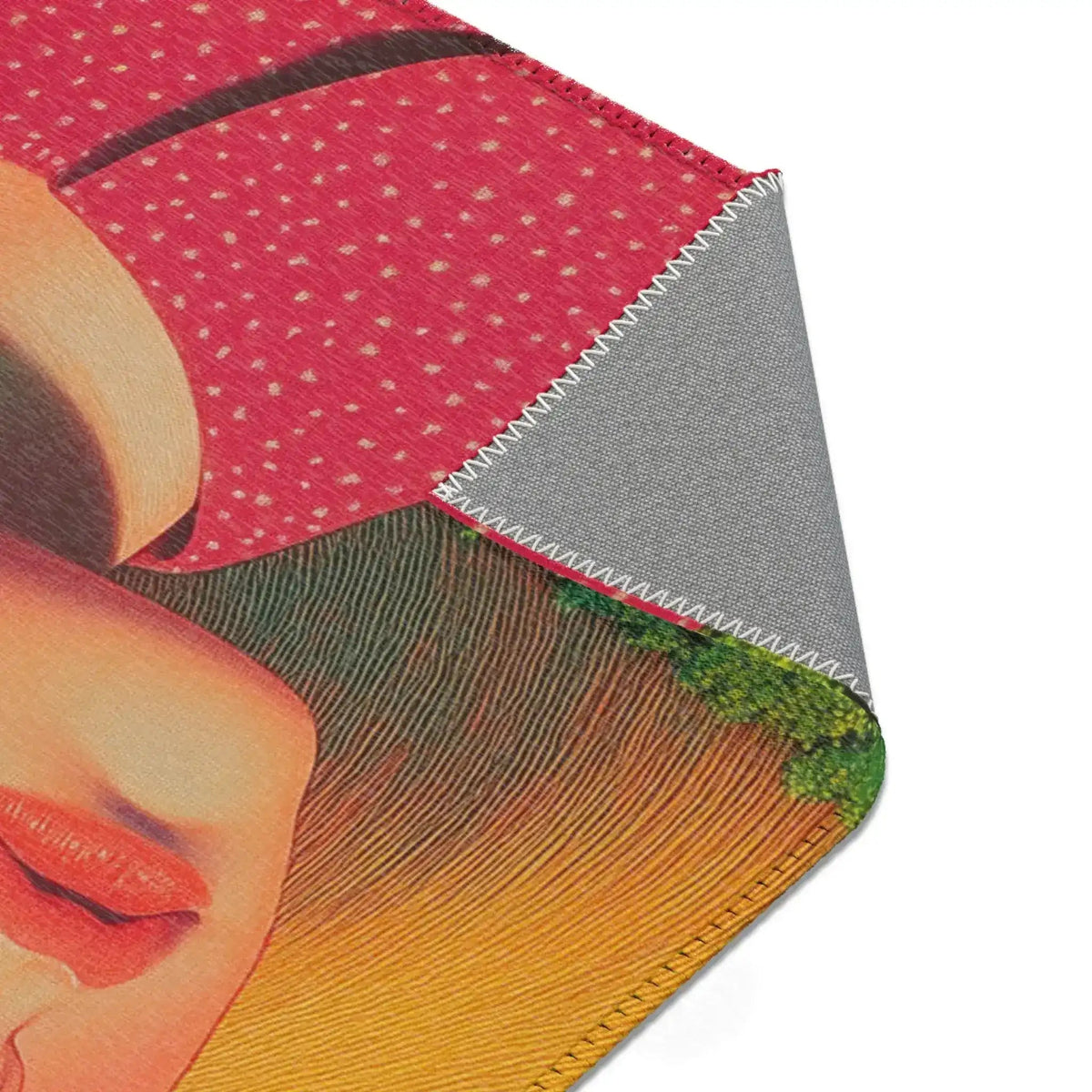 Golden Gaze Surreal Portrait with Fish and Geometric corner fold red dotted shirt golden hair with backing visible