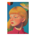 Golden Gaze Surreal Portrait with Fish and Geometric flat lay rug golden-haired girl blue background floating fish