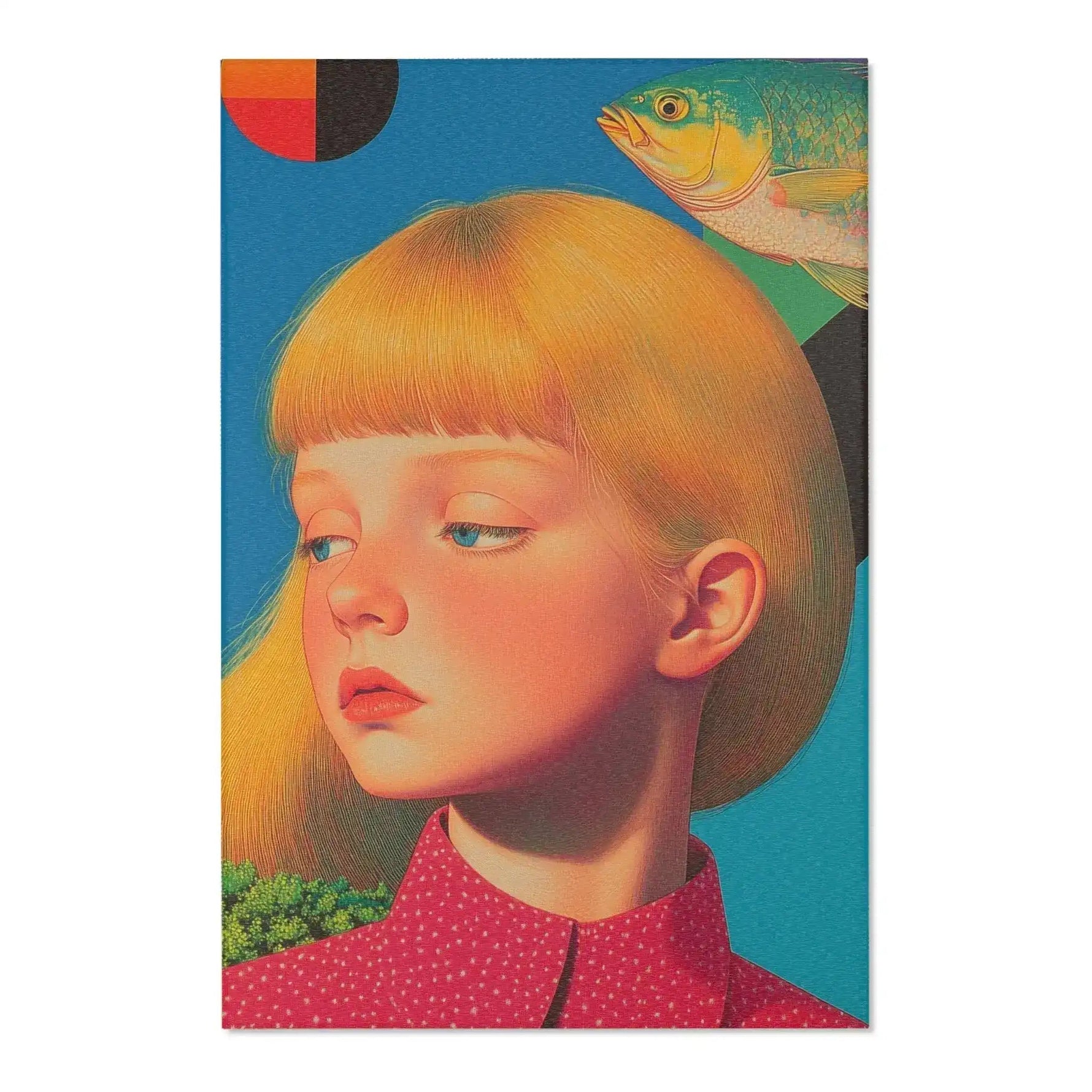 Golden Gaze Surreal Portrait with Fish and Geometric flat lay rug golden-haired girl blue background floating fish