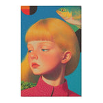Golden Gaze Surreal Portrait with Fish and Geometric rug fabric with stitched edge golden-haired girl blue background