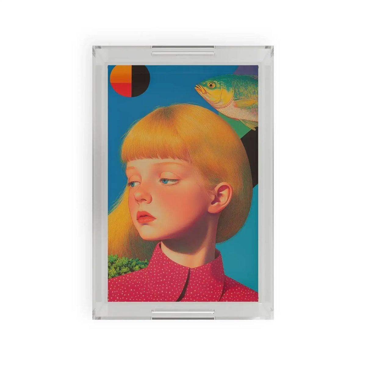 Clear acrylic serving tray featuring surreal Golden Gaze portrait of blonde girl in pink dotted top with tropical fish and geometric shapes on teal background