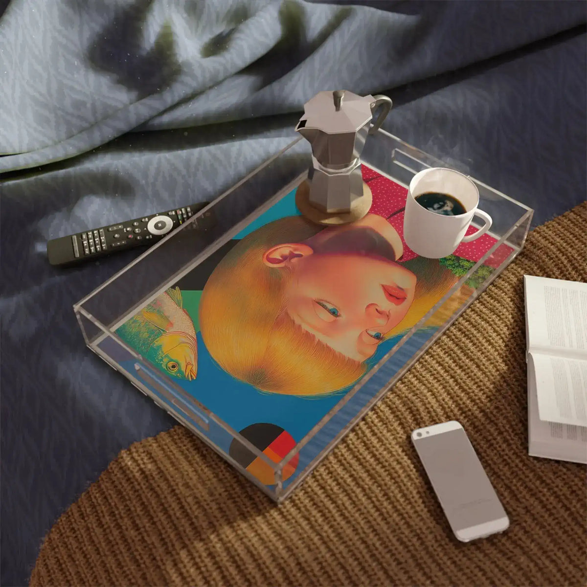 Golden Gaze Surreal Portrait serving tray on round wicker ottoman with stovetop espresso maker and white cup in cozy room setting