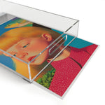 Golden Gaze Surreal Portrait acrylic serving tray with lid partially lifted at an angle showing vivid teal and pink portrait artwork