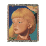 Golden Gaze Surreal Portrait woven blanket detail, roosters face in floral brocade and lace, dark background woven textile