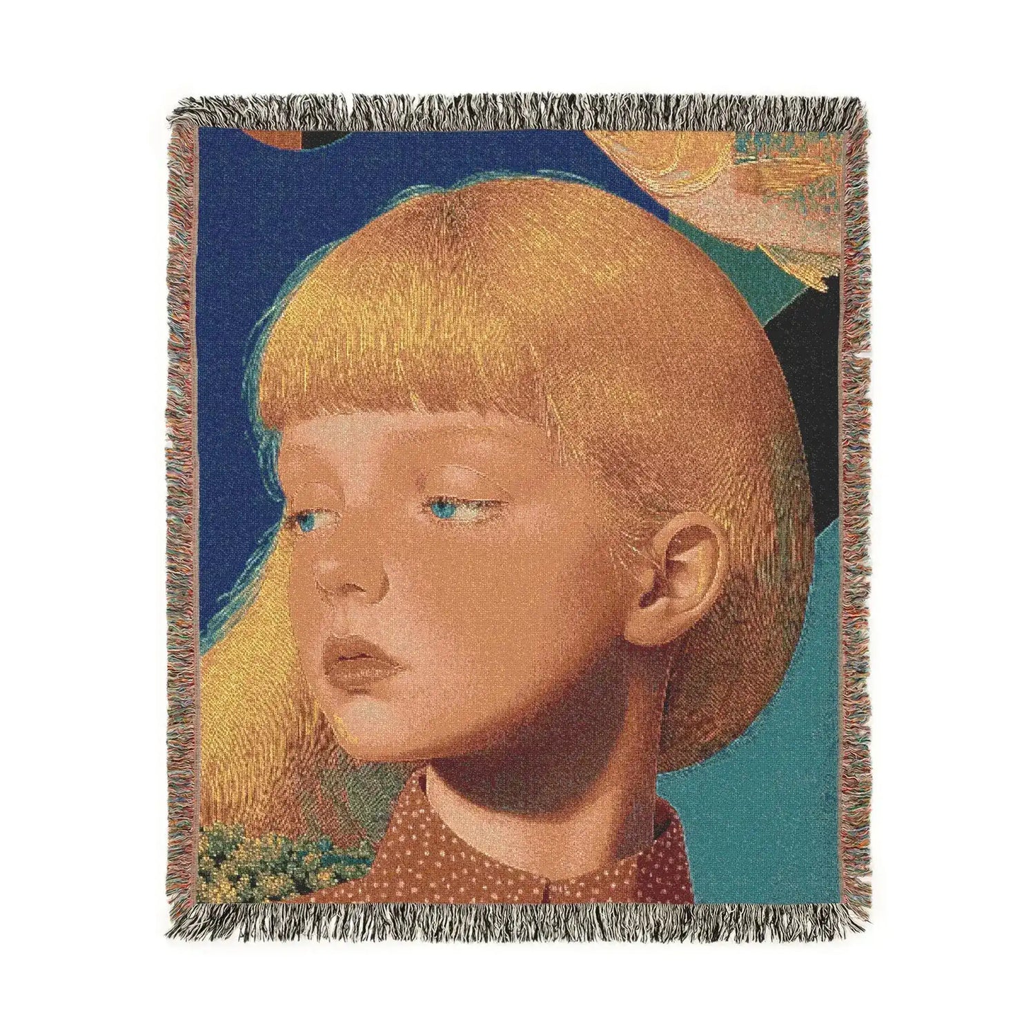 Golden Gaze Surreal Portrait woven blanket detail, roosters face in floral brocade and lace, dark background woven textile