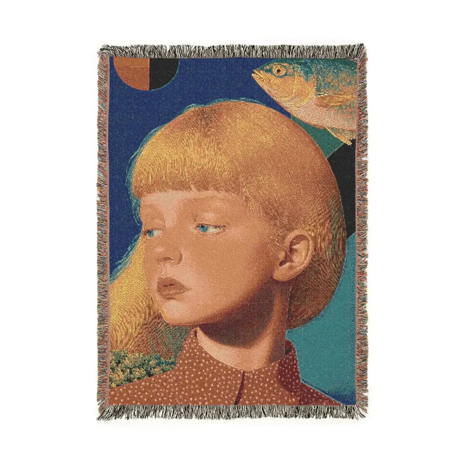 Golden Gaze Surreal Portrait woven blanket front, golden-haired child gazing upward, cobalt blue ground, floating fish and geometric shapes, fringed cotton edge