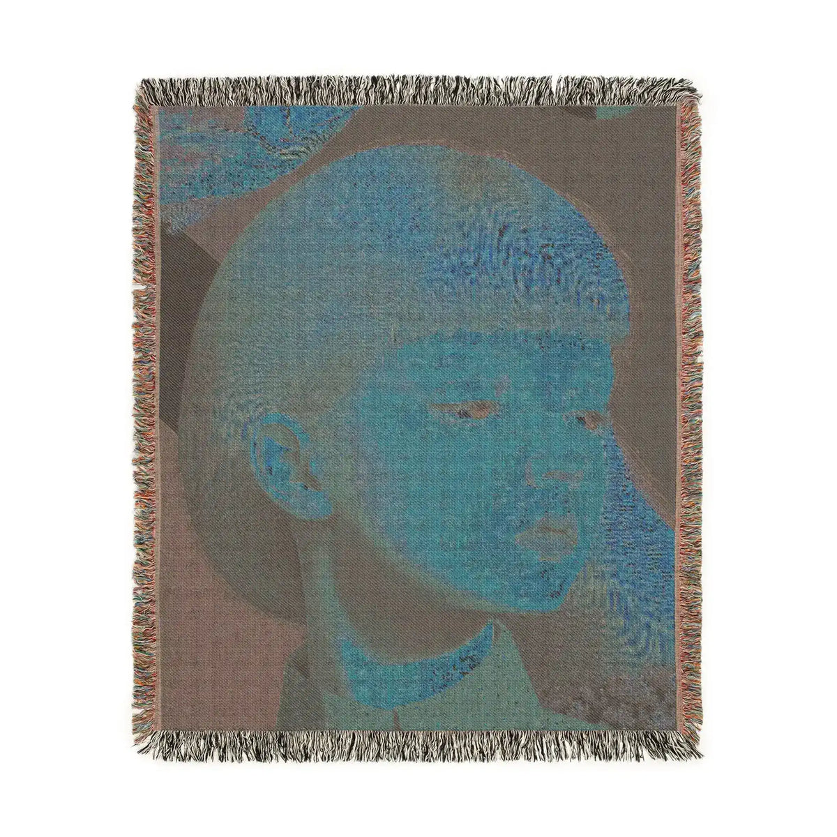 Golden Gaze Surreal Portrait woven blanket reverse, faded blue-toned monochrome portrait of child on grey-brown fabric with fringe edge