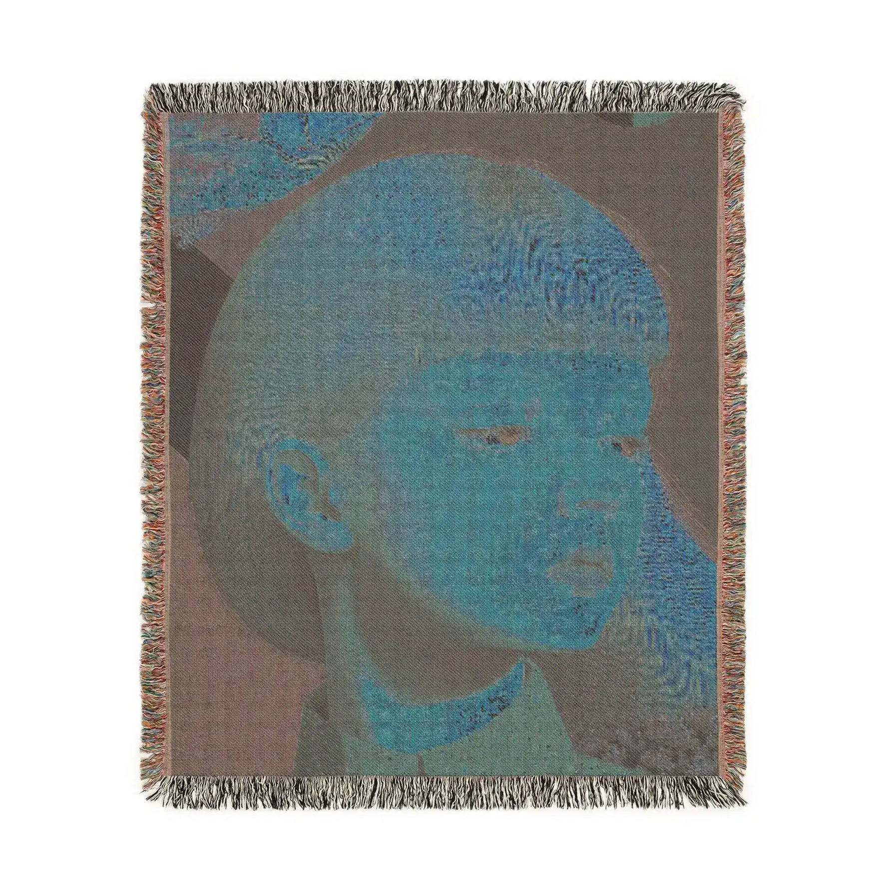 Golden Gaze Surreal Portrait woven blanket reverse, faded blue-toned monochrome portrait of child on grey-brown fabric with fringe edge