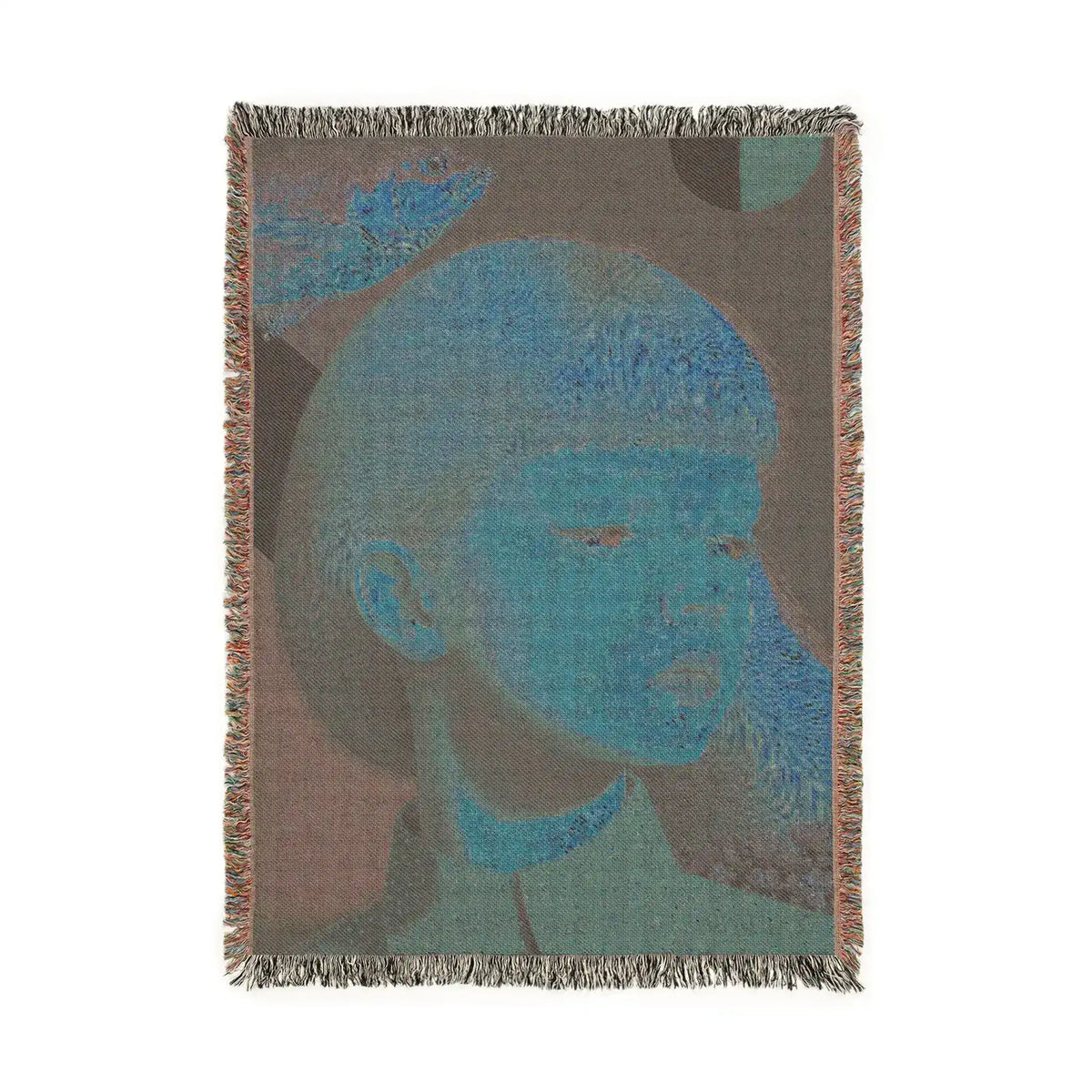 Golden Gaze Surreal Portrait woven blanket second side, ornate botanical medallion in pink blue teal on cream with fringe, Persian-inspired motif