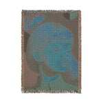 Golden Gaze Surreal Portrait woven blanket second side, ornate botanical medallion in pink blue teal on cream with fringe, Persian-inspired motif