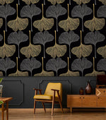Golden Gingko Grove Wallpaper backdrop with yellow midcentury chair and wood credenza