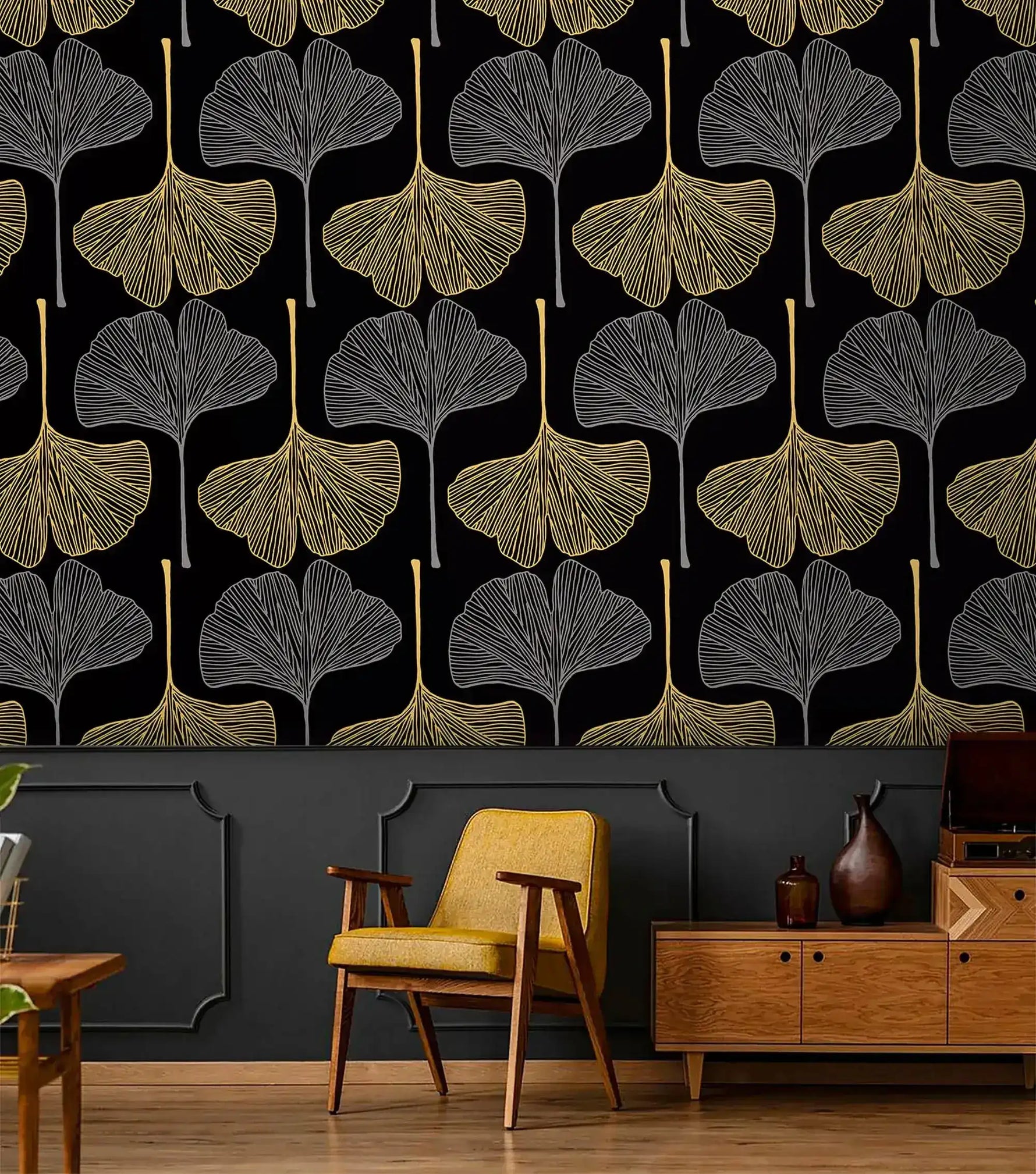 Golden Gingko Grove Wallpaper backdrop with yellow midcentury chair and wood credenza