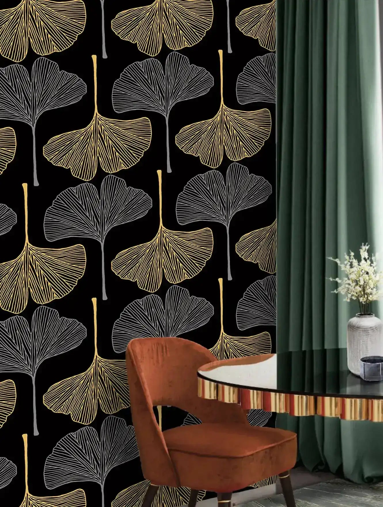 Golden Gingko Grove Wallpaper of gold and grey leaves on black with rust chair and green drape