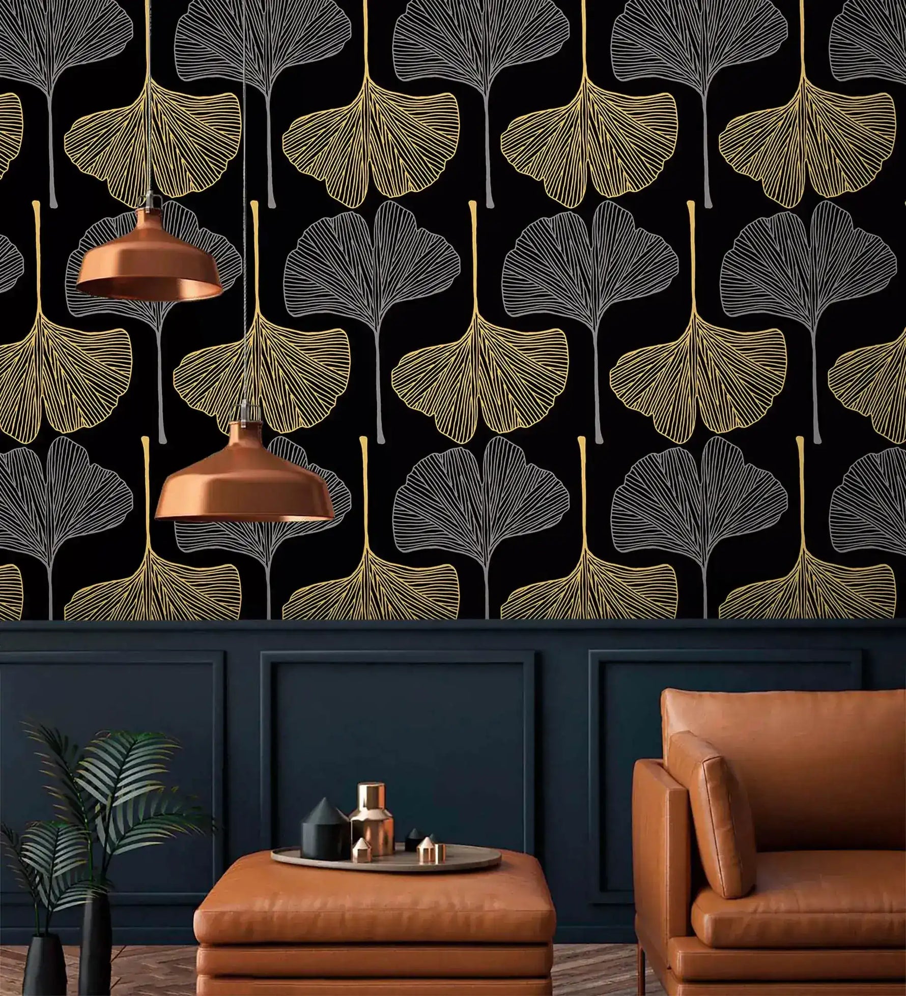 Golden Gingko Grove Wallpaper on black with copper pendants above a tan leather ottoman