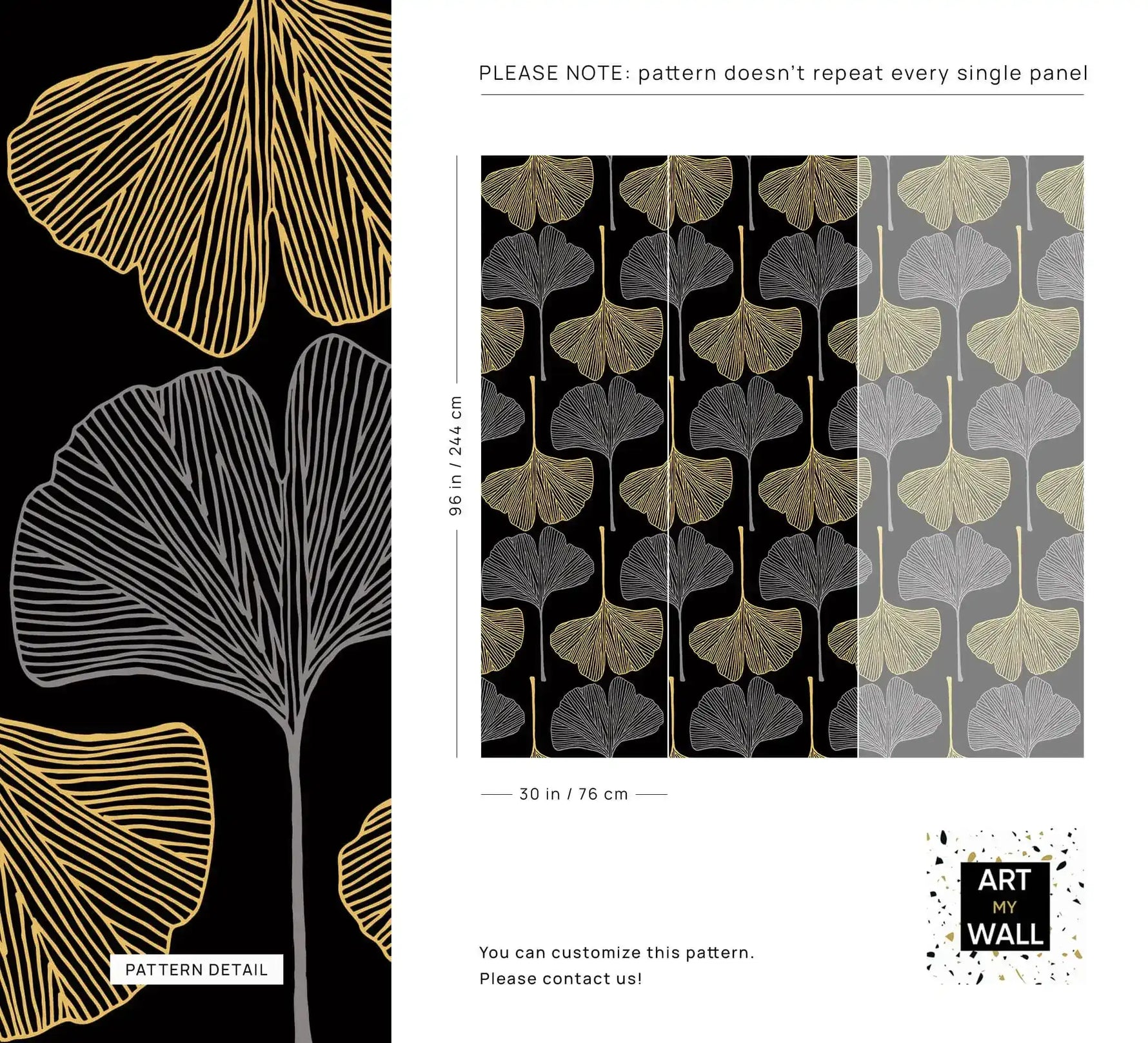 Golden Gingko Grove Wallpaper spec sheet showing leaf pattern detail and panel sizing