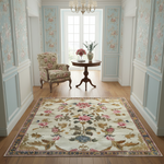 Golden Glory Square rug in French-style hallway, cream ground with pink roses, golden foliage and blue border, in-room view
