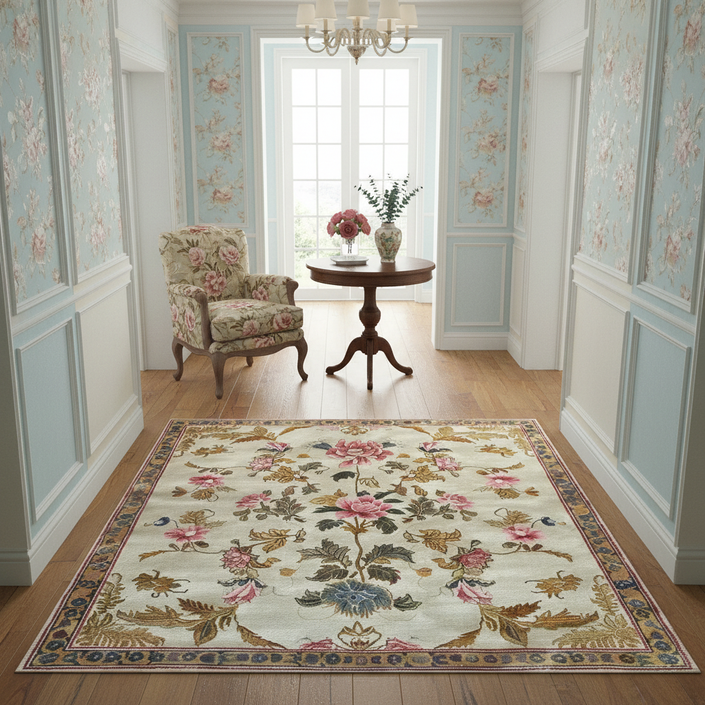 Golden Glory Square rug in French-style hallway, cream ground with pink roses, golden foliage and blue border, in-room view