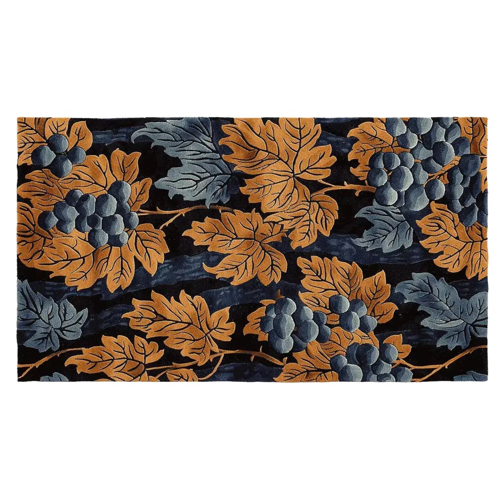 Elegant Golden Harvest Hand Tufted Area Rug featuring a vintage design with vibrant orange and blue grapevine patterns. This wool rug is perfect for enhancing the charm of living rooms, especially in an 8x10 size.