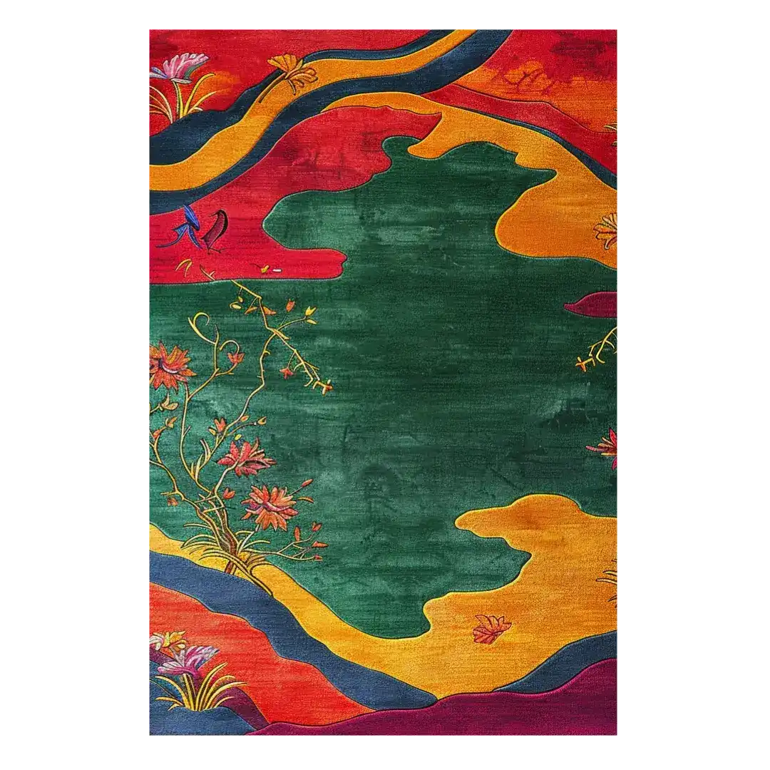 Vibrant Golden Horizon Hand Tufted Viscose Area Rug featuring bold abstract patterns in red, green, and orange with intricate floral motifs. Ideal wool rug for adding a splash of color to living room area rugs, perfect for those seeking unique rugs for living room spaces.