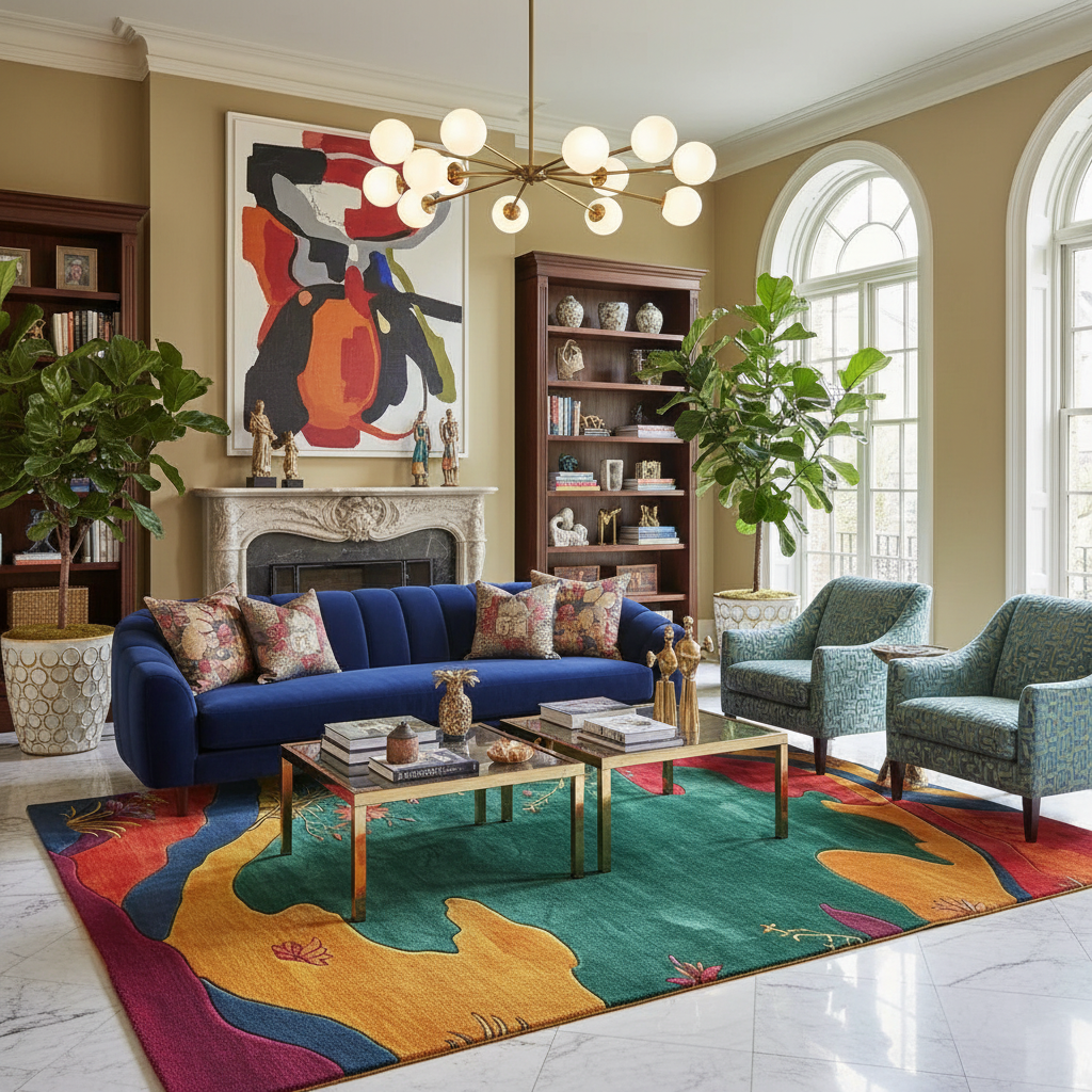 Living room with a blue sofa, colorful rug, and decorative items.