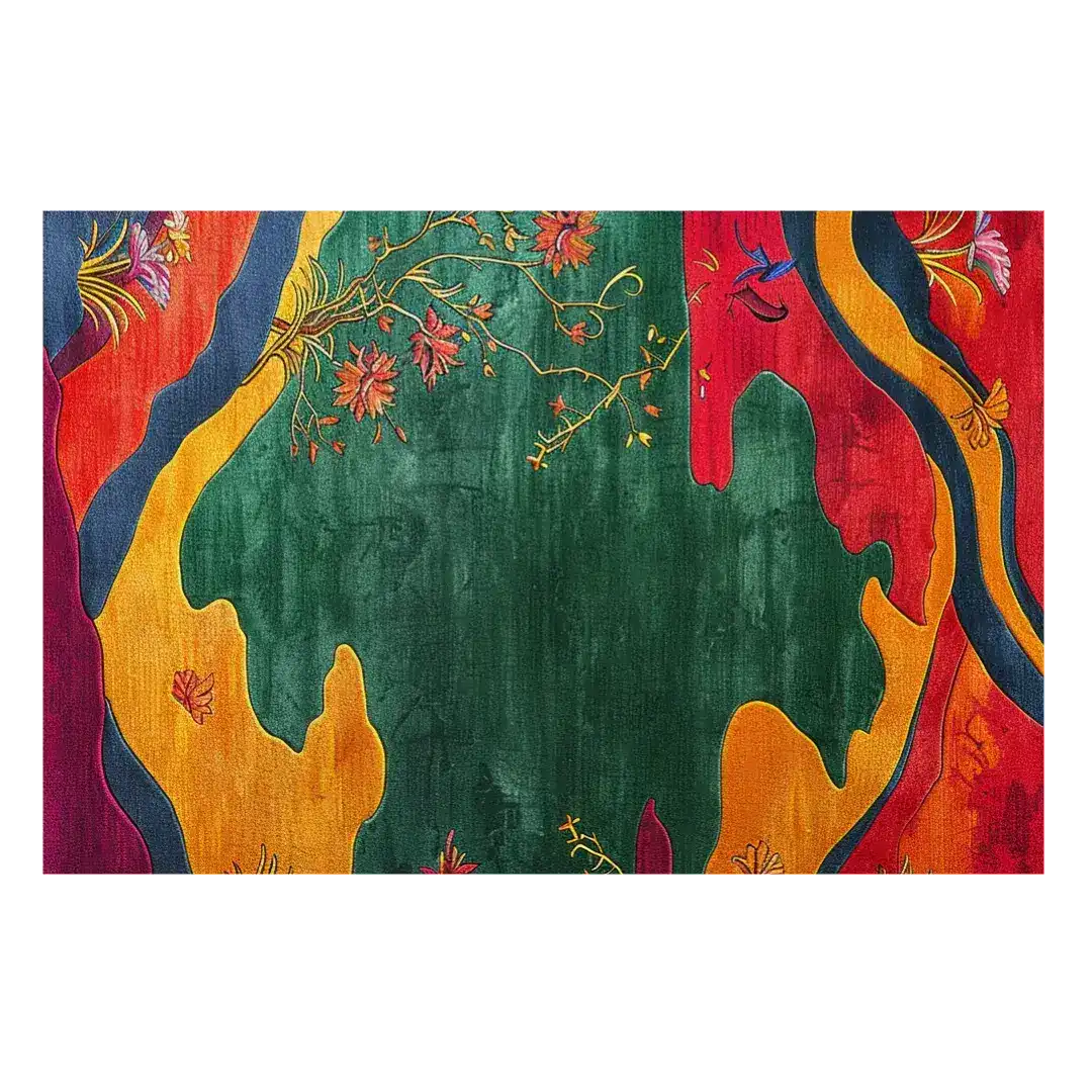 Vibrant Golden Horizon Hand Tufted Area Rug featuring an abstract floral design with rich green, red, and orange hues. Perfect for adding a touch of elegance to living room area rugs, this wool rug showcases intricate floral patterns ideal for rugs for living room.